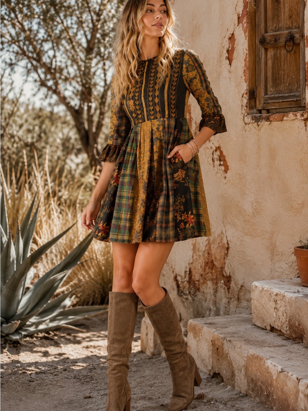 Patchwork Embroidered Floral & Plaid Mini Dress size M